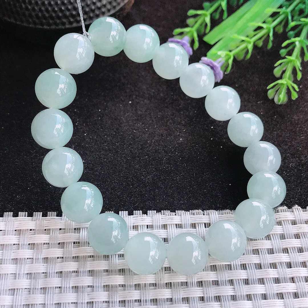 自然光11/18颗老坑冰胶果冻冰晴天空蓝玉珠手链女款圆珠玉手串