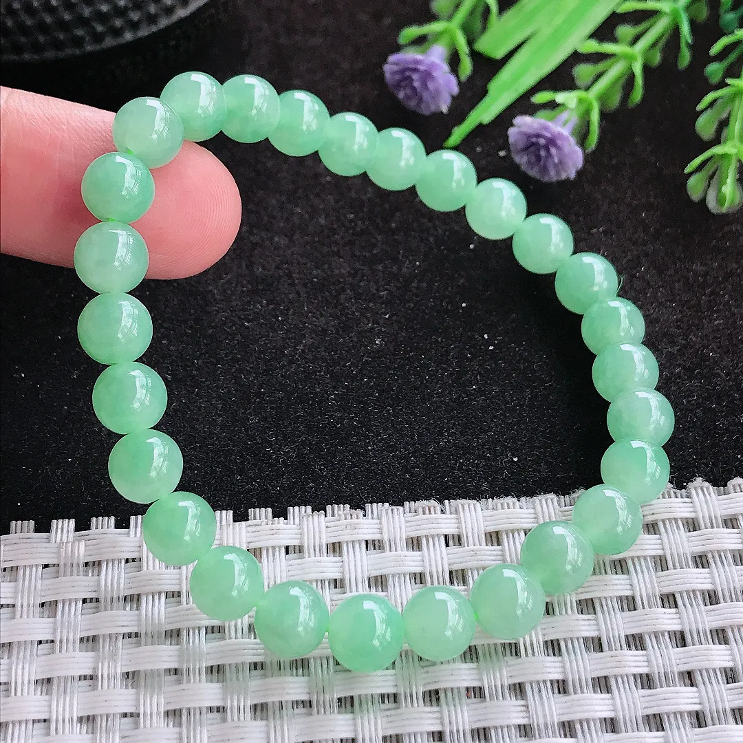自然光7.5/27颗老坑冰胶果冻冰晴甜绿玉珠手链女款圆珠玉手串