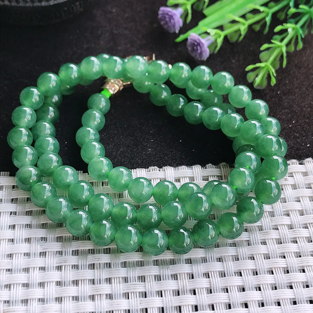 自然光7.2/77颗老坑冰胶果冻满绿油绿玉珠项链女款圆珠玉手串