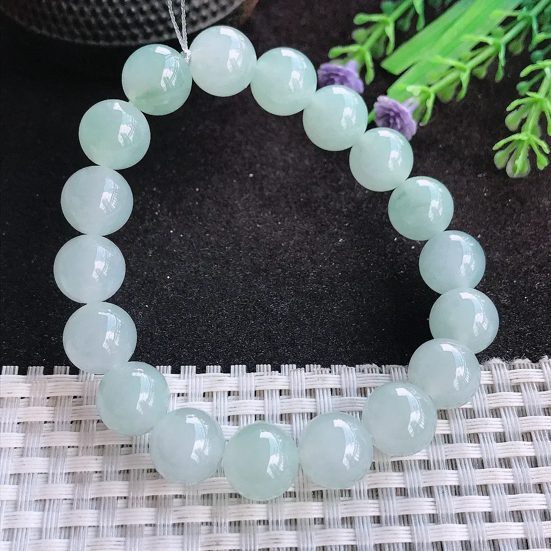 自然光11/18颗老坑冰胶果冻冰晴天空蓝玉珠手链女款圆珠玉手串