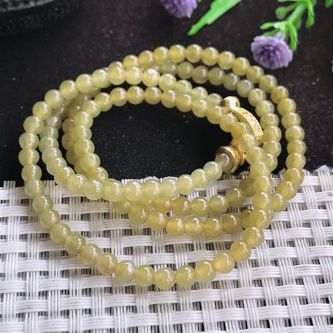 自然光4.2/138颗老坑冰胶果冻冰黄翡玉珠手链女款圆珠玉手串多圈