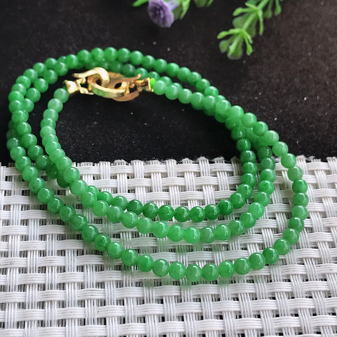 自然光3.9/144颗老坑精美辣阳绿小米珠手链女款圆珠玉手串