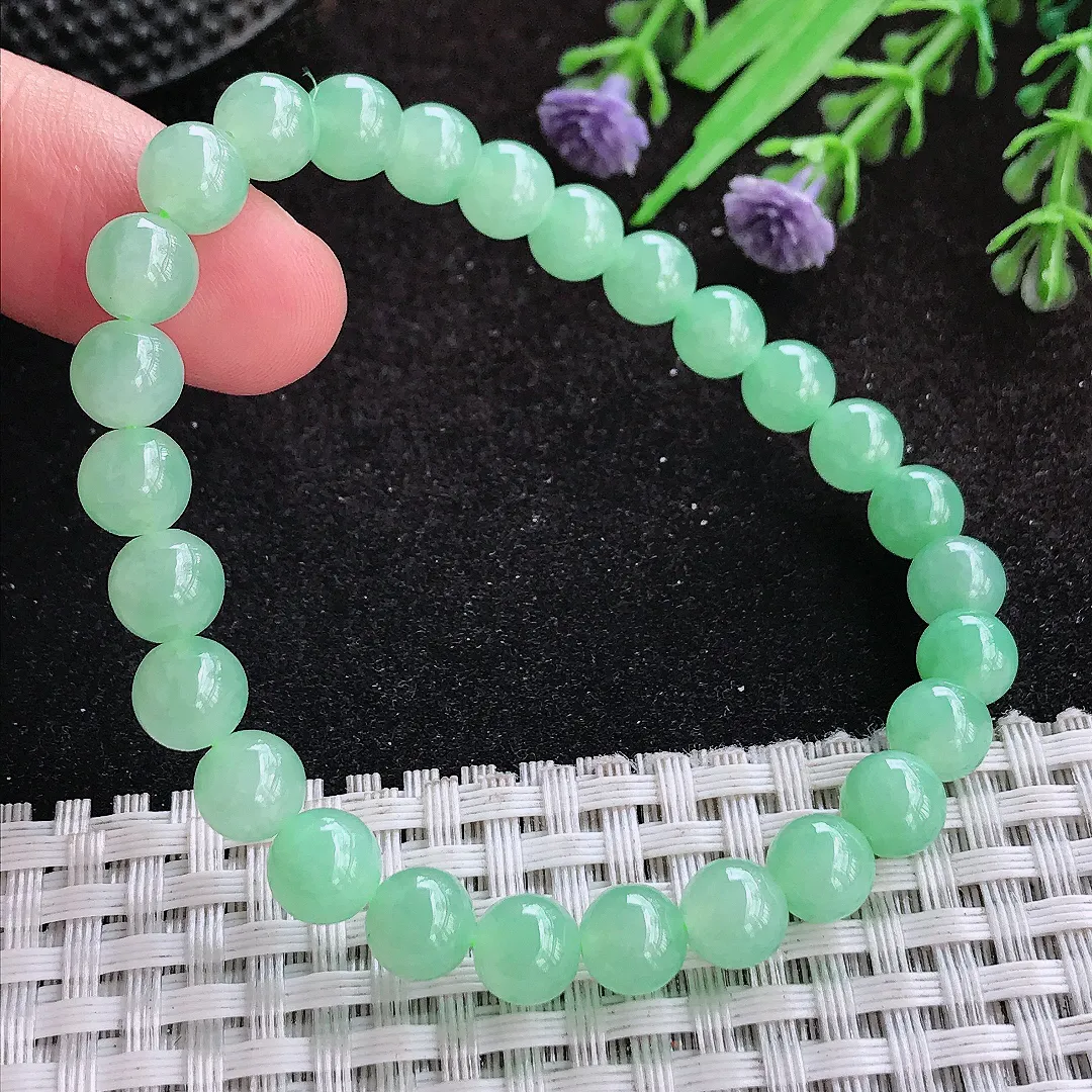 自然光7.5/27颗老坑冰胶果冻冰晴甜绿玉珠手链女款圆珠玉手串