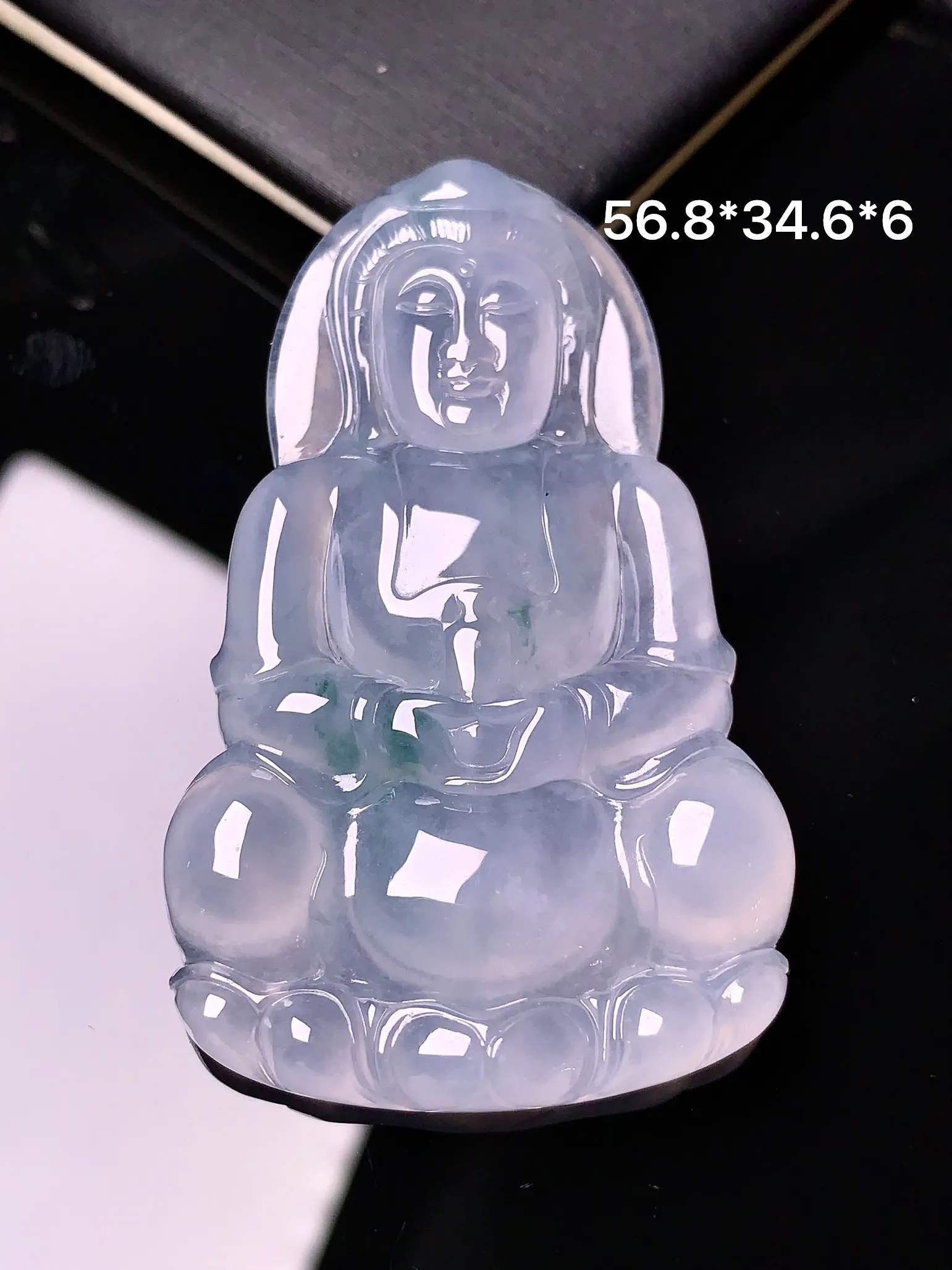 冰种飘绿观音吊坠 玉质细腻 色泽艳丽 整体尺寸56.8*34.6*6