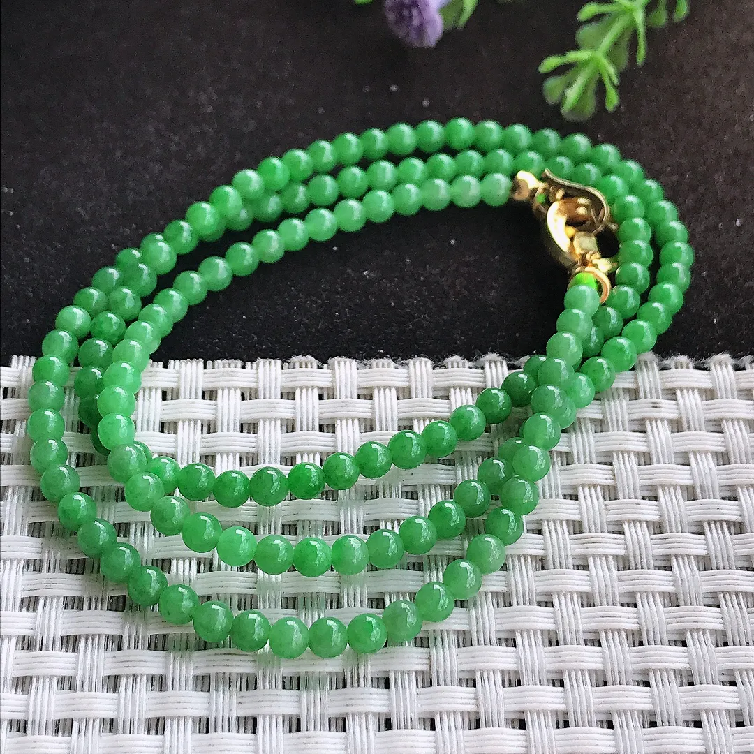 自然光3.9/144颗老坑精美辣阳绿小米珠手链女款圆珠玉手串