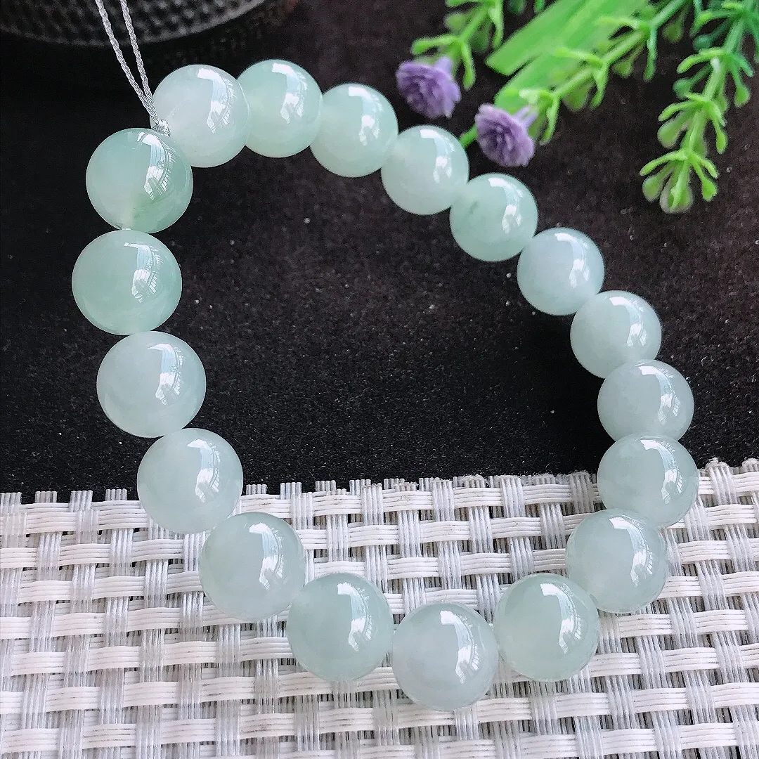 自然光11/18颗老坑冰胶果冻冰晴天空蓝玉珠手链女款圆珠玉手串