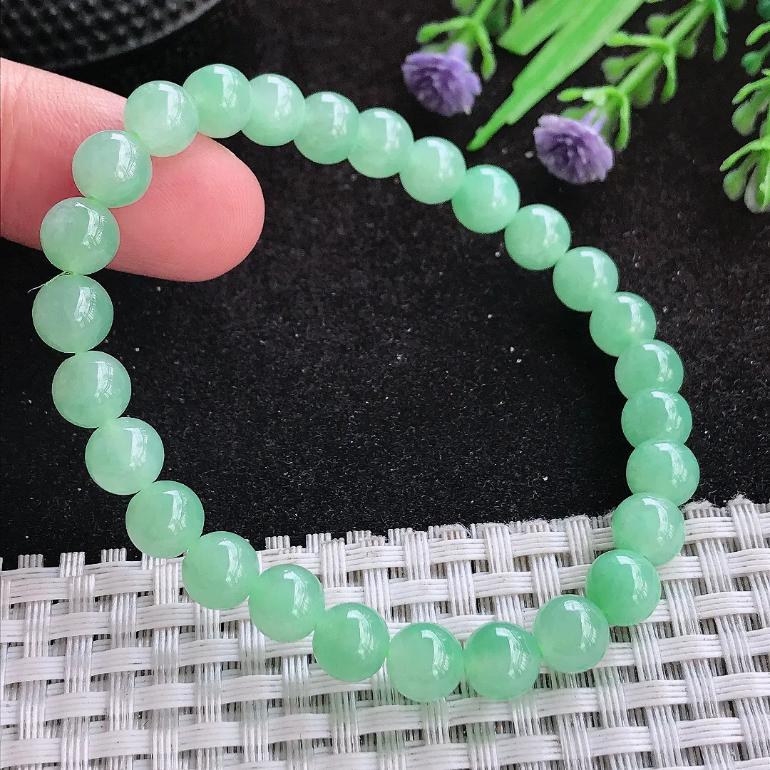 自然光7.5/27颗老坑冰胶果冻冰晴甜绿玉珠手链女款圆珠玉手串