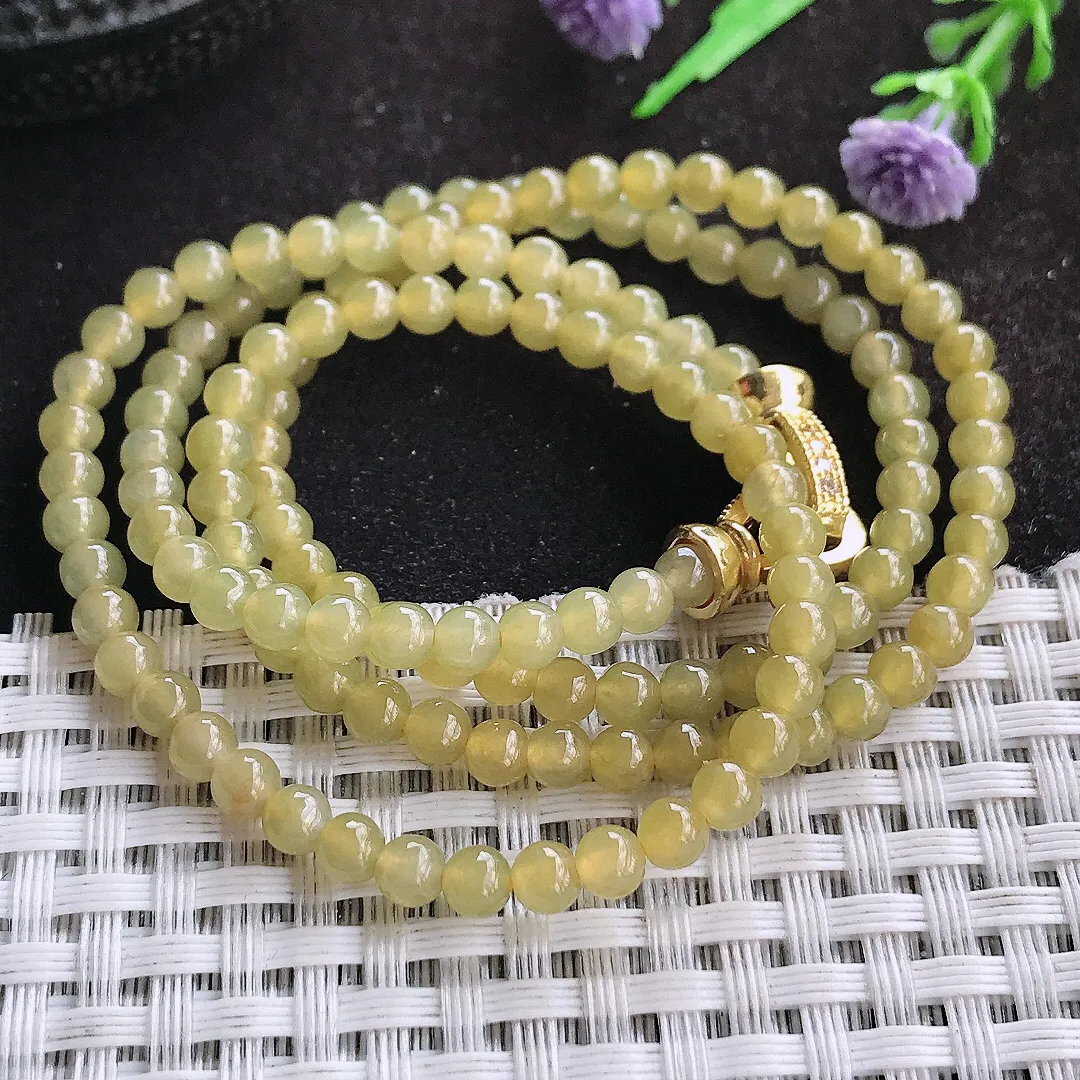 自然光4.2/138颗老坑冰胶果冻冰黄翡玉珠手链女款圆珠玉手串多圈