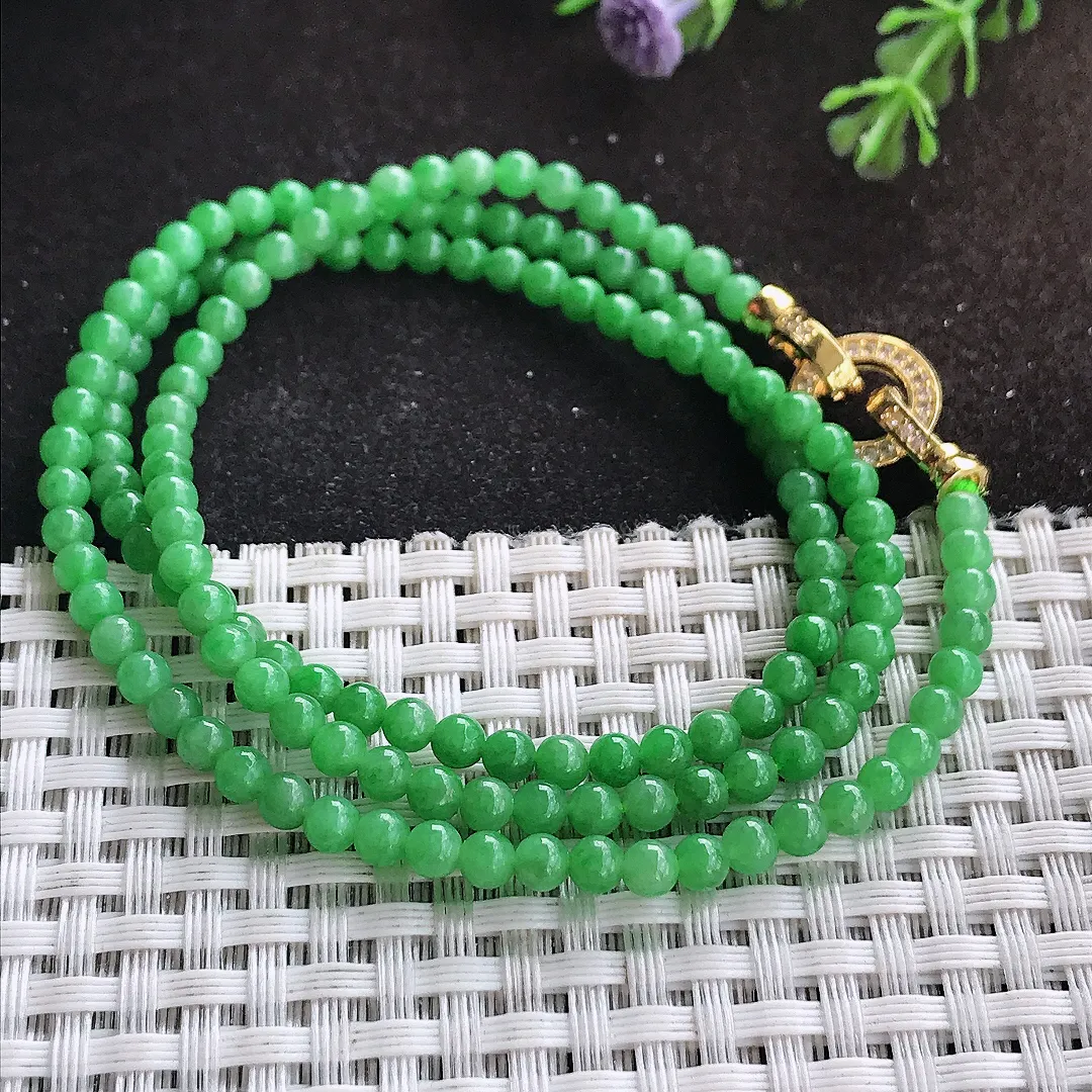 自然光3.9/144颗老坑精美辣阳绿小米珠手链女款圆珠玉手串