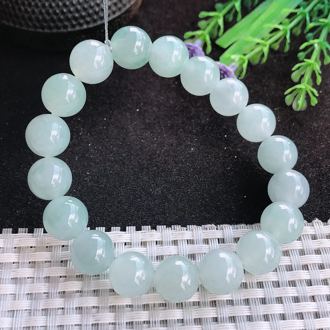 自然光11/18颗老坑冰胶果冻冰晴天空蓝玉珠手链女款圆珠玉手串