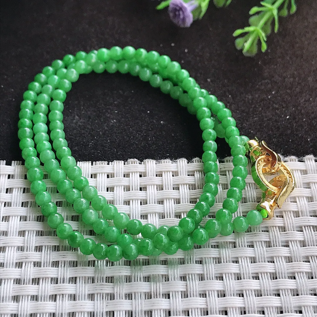 自然光3.9/144颗老坑精美辣阳绿小米珠手链女款圆珠玉手串