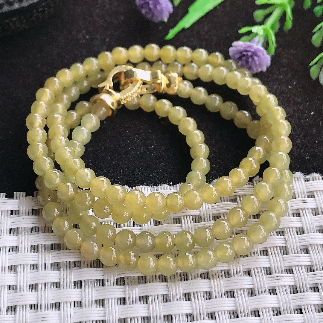 自然光4.2/138颗老坑冰胶果冻冰黄翡玉珠手链女款圆珠玉手串多圈