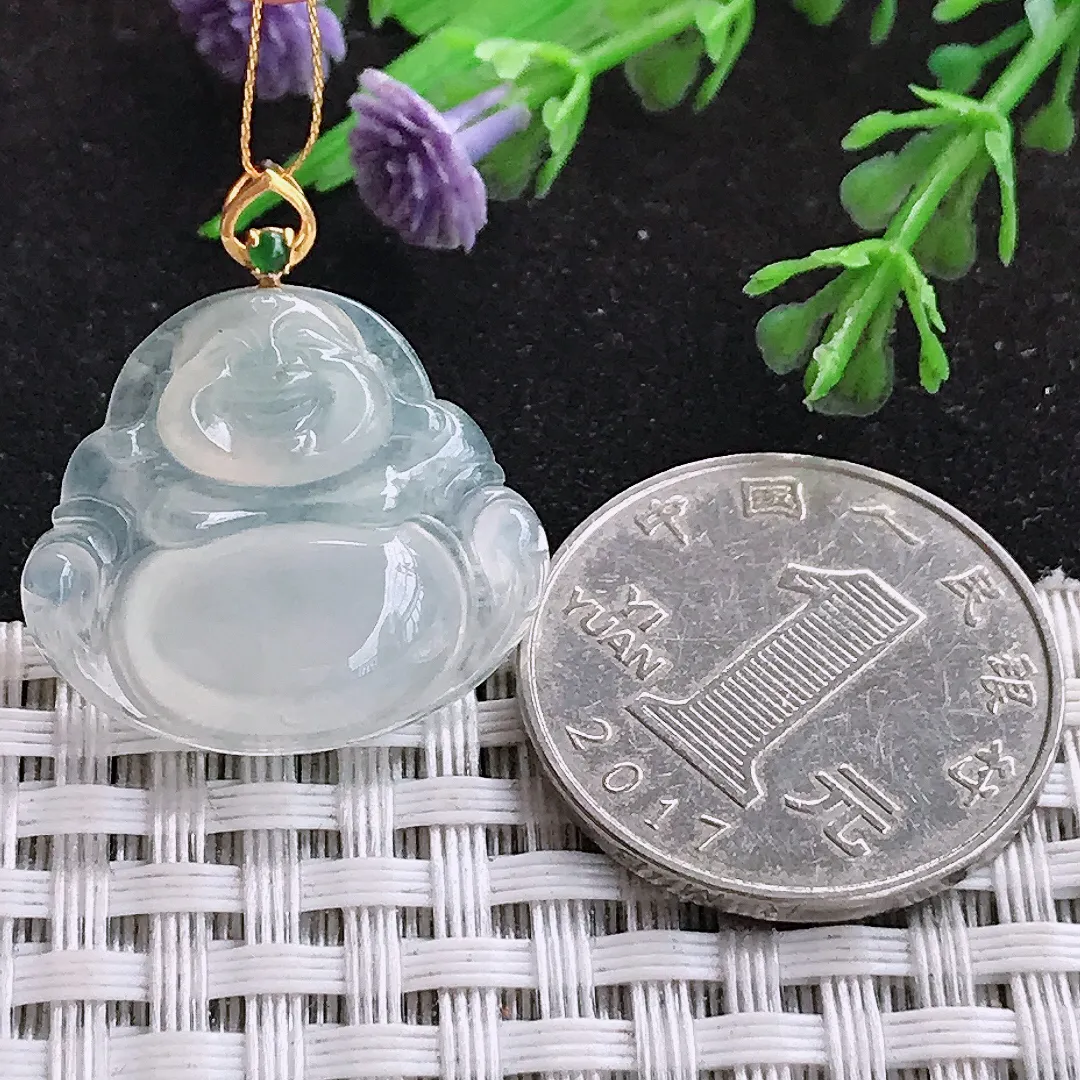 自然光21/23.6/5.4老坑18k金镶嵌冰种小佛公吊坠翡翠玉坠挂件