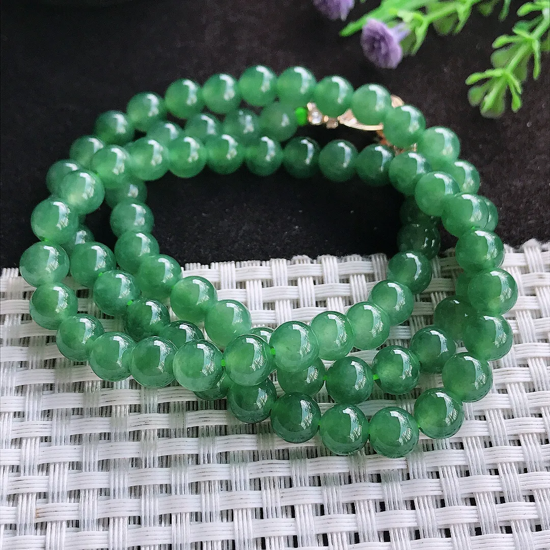 自然光7.2/77颗老坑冰胶果冻满绿油绿玉珠项链女款圆珠玉手串
