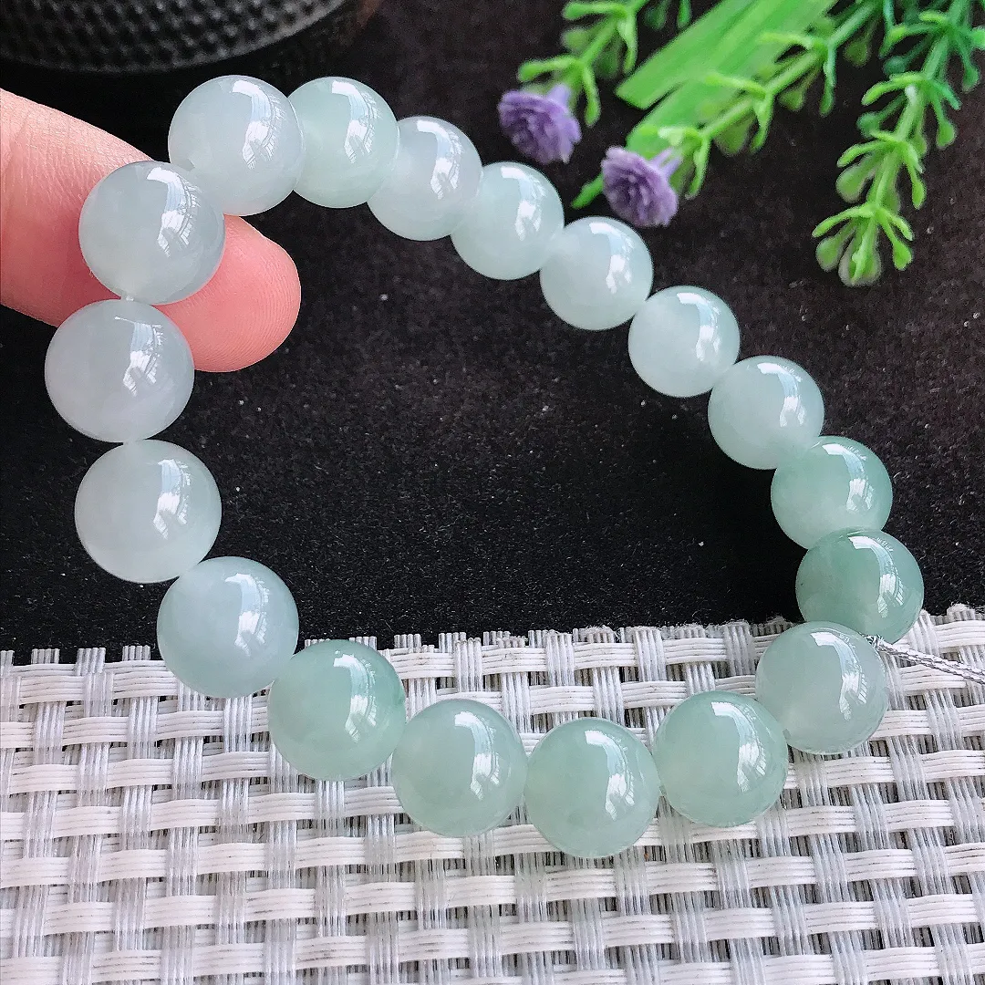 自然光11/18颗老坑冰胶果冻冰晴天空蓝玉珠手链女款圆珠玉手串