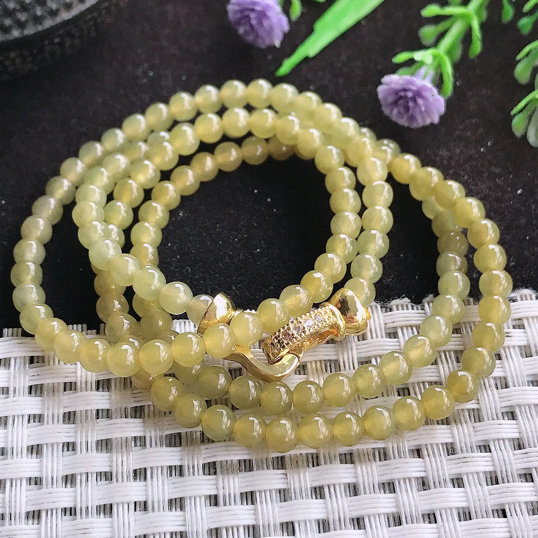 自然光4.2/138颗老坑冰胶果冻冰黄翡玉珠手链女款圆珠玉手串多圈