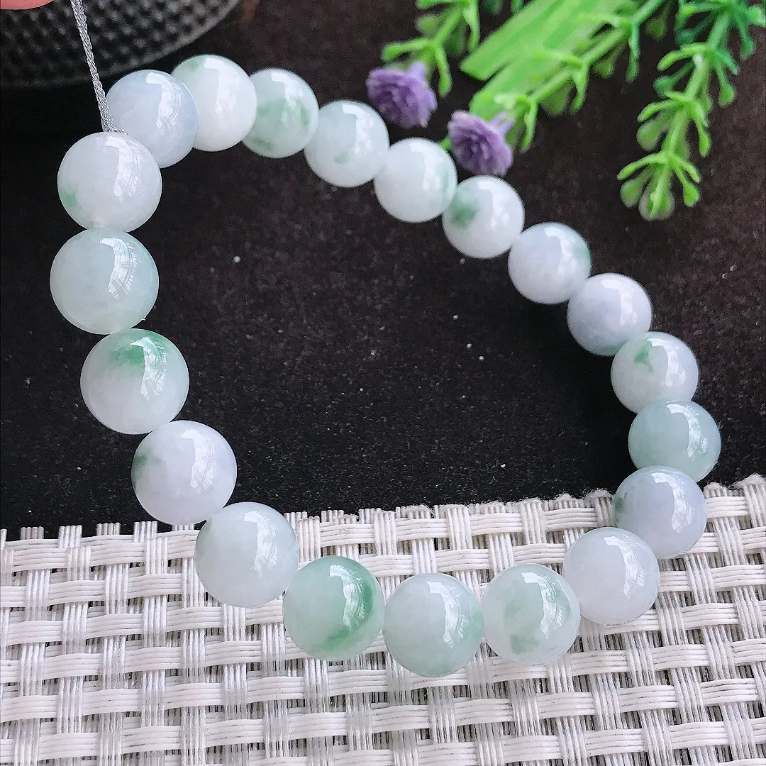 自然光9.8/20颗老坑精美温润飘花玉珠手链女款圆珠玉手串