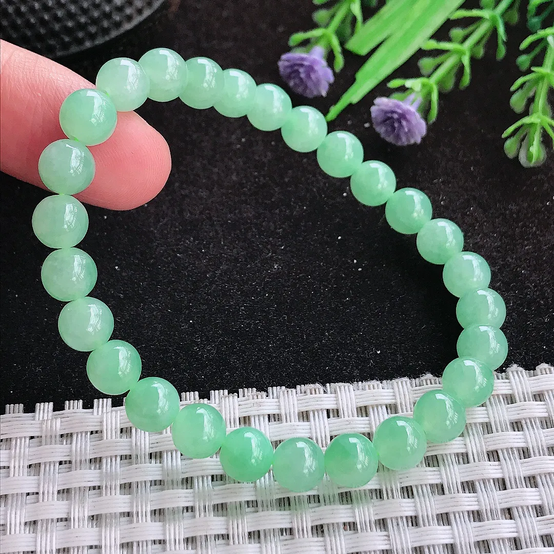 自然光7.5/27颗老坑冰胶果冻冰晴甜绿玉珠手链女款圆珠玉手串