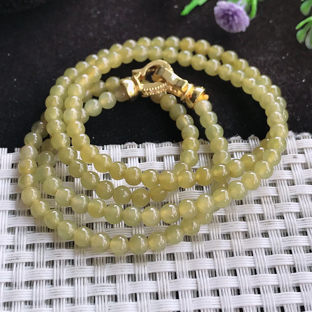 自然光4.2/138颗老坑冰胶果冻冰黄翡玉珠手链女款圆珠玉手串多圈