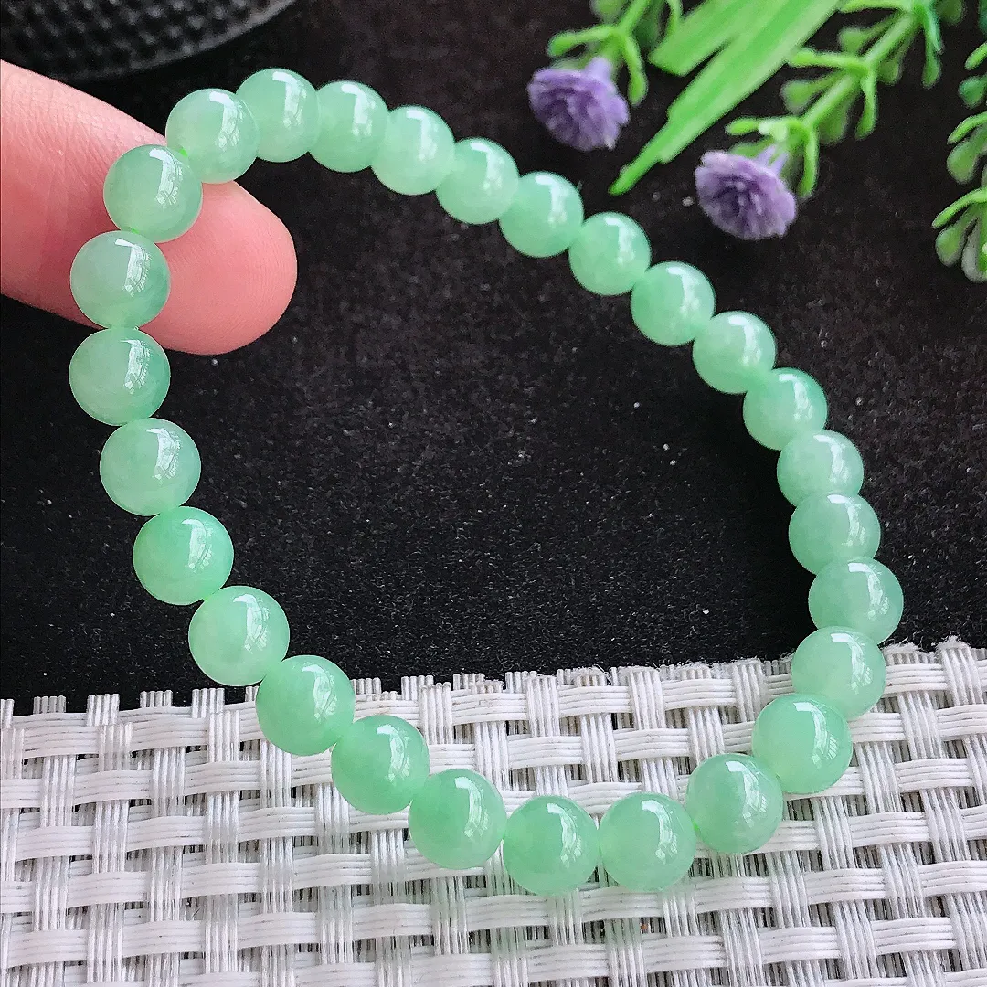 自然光7.5/27颗老坑冰胶果冻冰晴甜绿玉珠手链女款圆珠玉手串