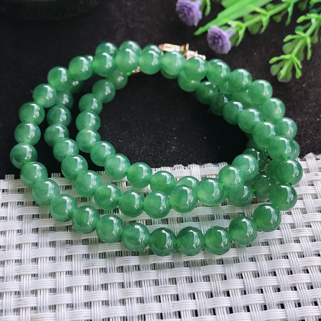 自然光7.2/77颗老坑冰胶果冻满绿油绿玉珠项链女款圆珠玉手串