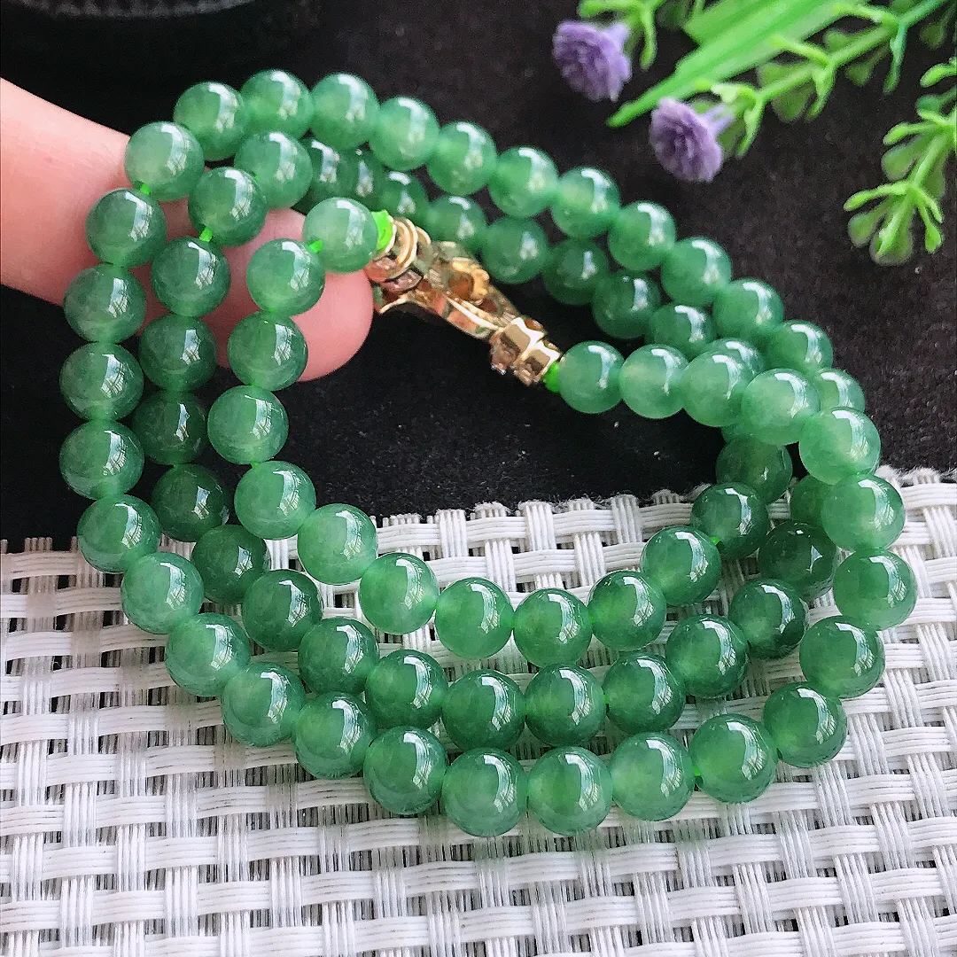 自然光7.2/77颗老坑冰胶果冻满绿油绿玉珠项链女款圆珠玉手串