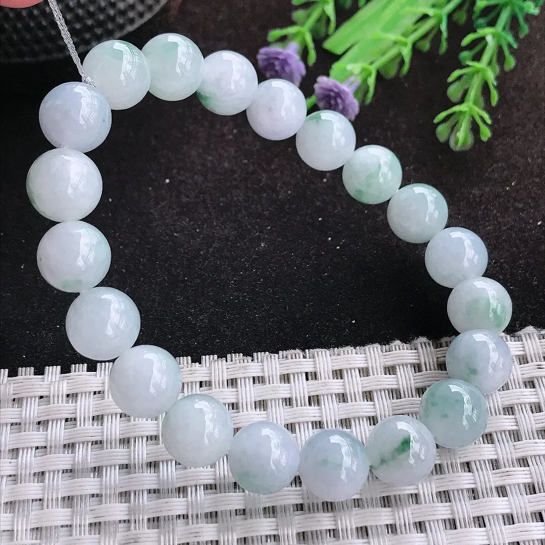 自然光9.8/20颗老坑精美温润飘花玉珠手链女款圆珠玉手串