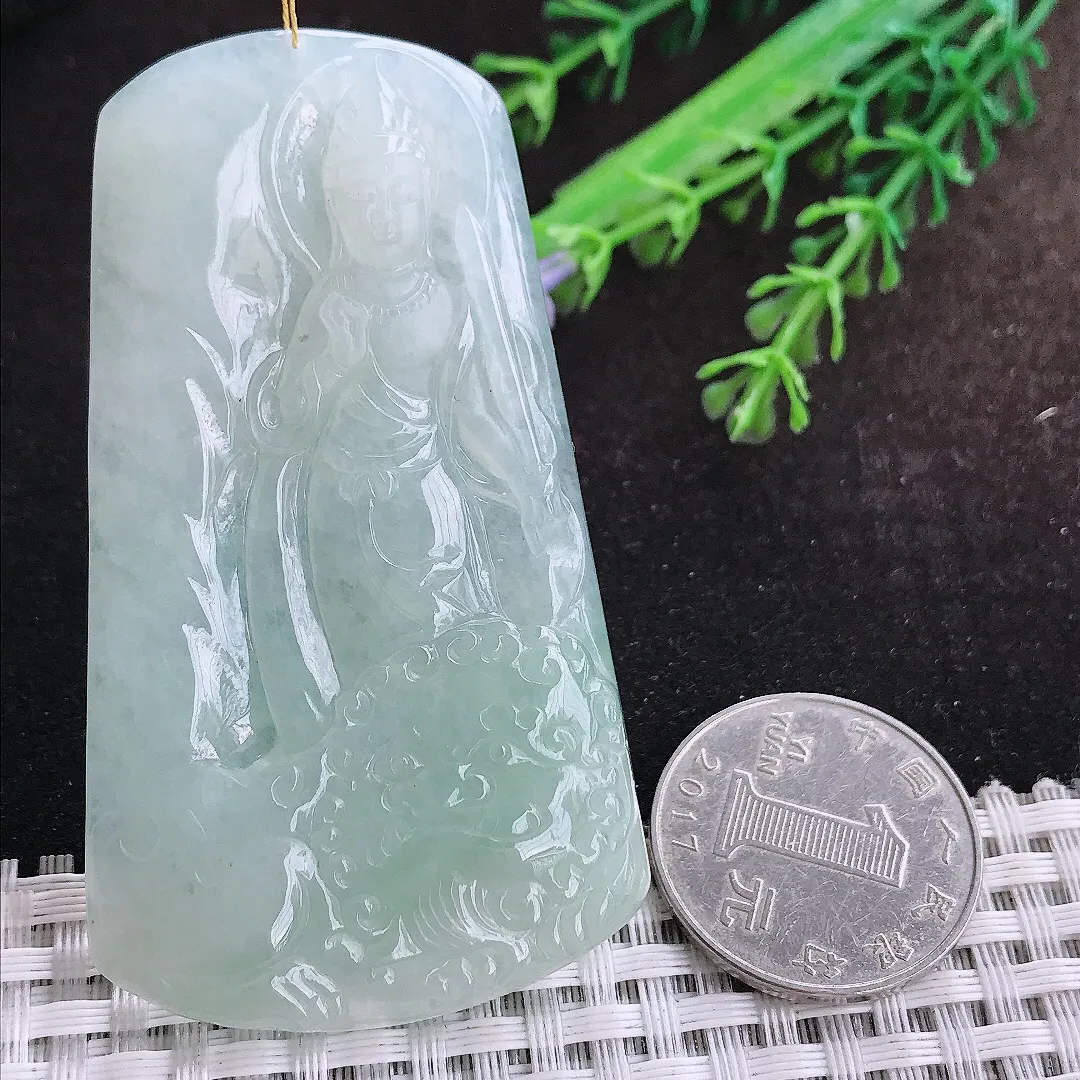 自然光70/39.4/6.3老坑秀气冰润冰晴底文殊菩萨吊坠翡翠玉坠挂件