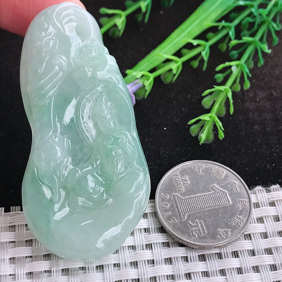 自然光64/31/6.3老坑秀气冰润冰晴底普贤菩萨吊坠翡翠玉坠挂件