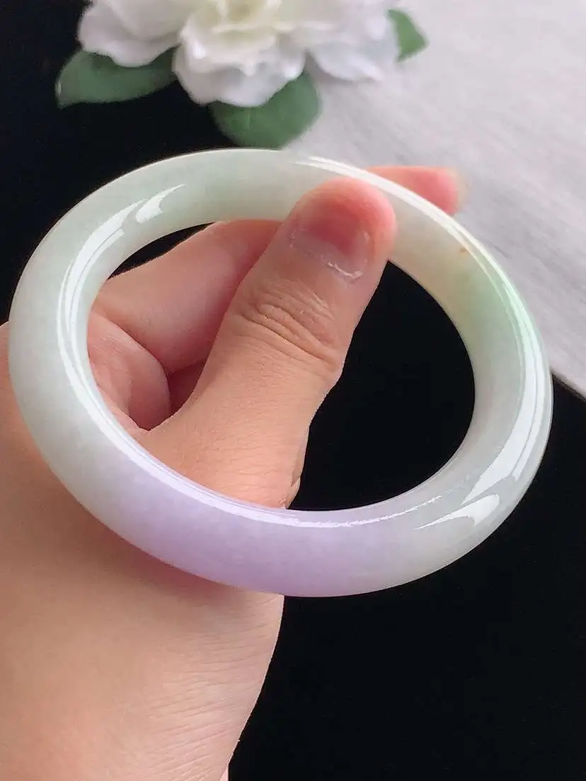 a货翡翠老坑冰种紫罗兰圆条手镯56-57圈口  尺寸56×10.3mm 重量64.10g 1005