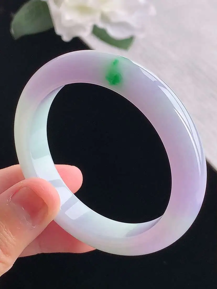 a货翡翠老坑冰种春带彩紫罗兰飘绿正装正圈手镯49-50小圈口 尺寸49×10.4×7.6mm 重量4