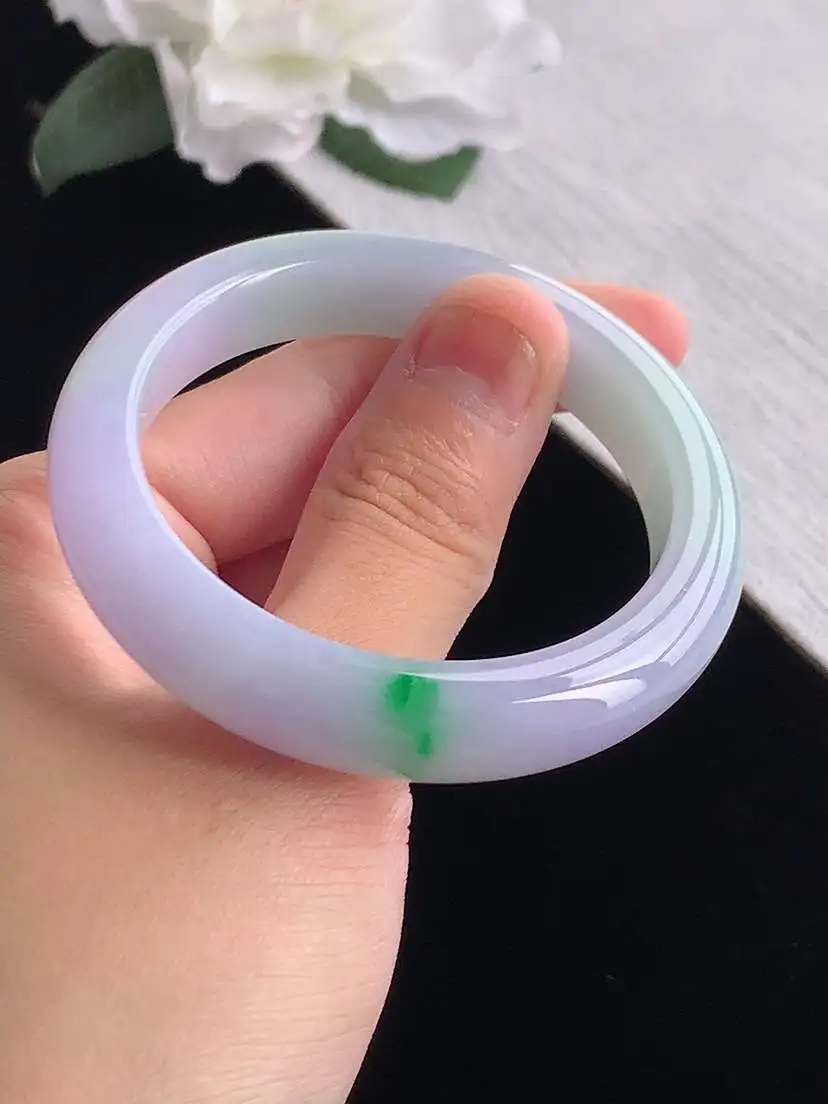 a货翡翠老坑冰种春带彩紫罗兰飘绿正装正圈手镯49-50小圈口 尺寸49×10.4×7.6mm 重量41.72g 1012F