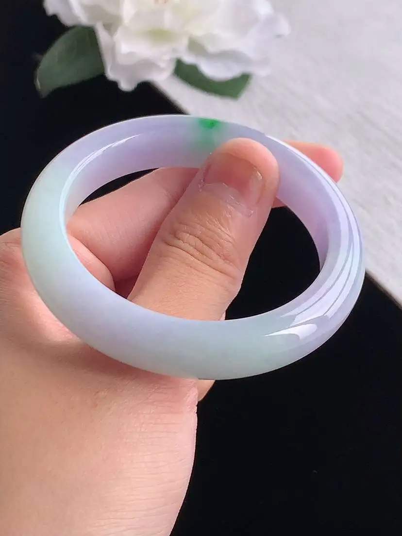 a货翡翠老坑冰种春带彩紫罗兰飘绿正装正圈手镯49-50小圈口 尺寸49×10.4×7.6mm 重量41.72g 1012F