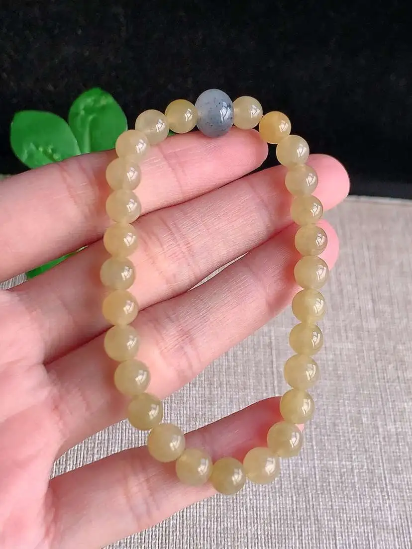 a货翡翠老坑冰种黄翡乌鸡种圆珠佛珠手串28颗 度高 尺寸6.3mm 重量14.45g 1014