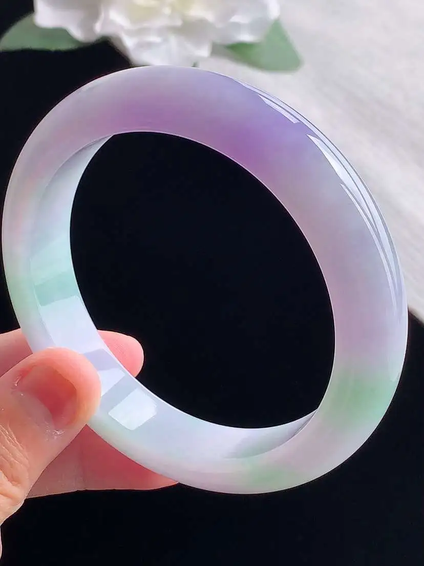 a货翡翠老坑冰种春带彩紫罗兰飘绿正装正圈手镯60-61大圈口 尺寸60×12.8×9mm 重量73.00g 1013