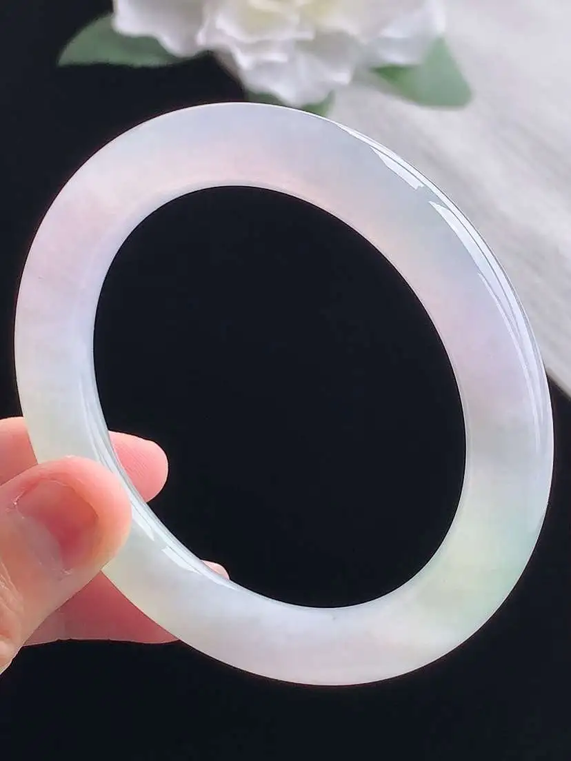 a货翡翠老坑冰种淡紫罗兰圆条手镯56-57圈口  尺寸56.8×10.3mm 重量57.80g 10