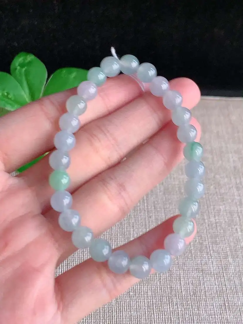 a货翡翠老坑冰种飘绿圆珠佛珠手串27颗  尺寸6.7mm 重量14.85g 1014