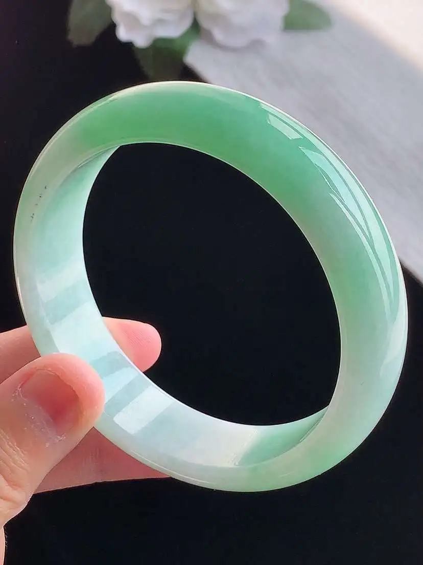 a货翡翠老坑冰种飘绿宽边正装正圈手镯59-60大圈口 尺寸59×16×7.3mm 重量69.80g 1014