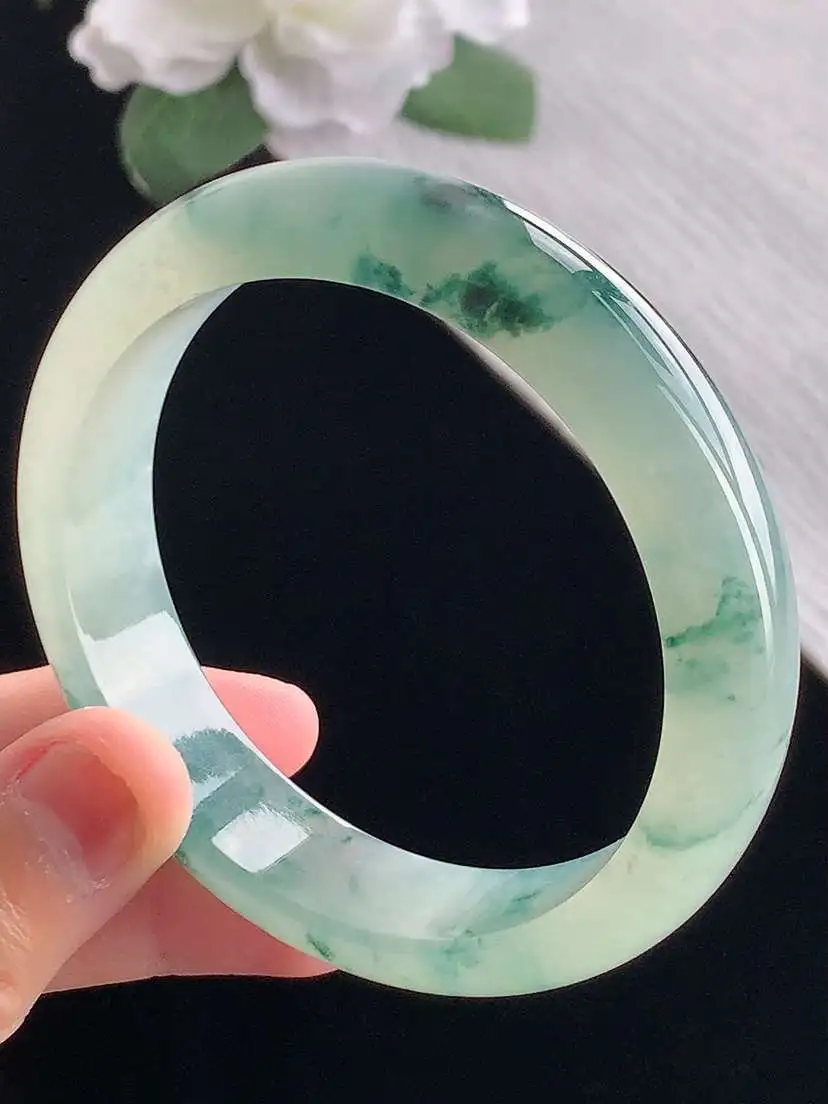a货翡翠老坑冰种飘花正装正圈手镯57-58圈口  尺寸57.5×14.2×7.8mm 重量61.20g 1014