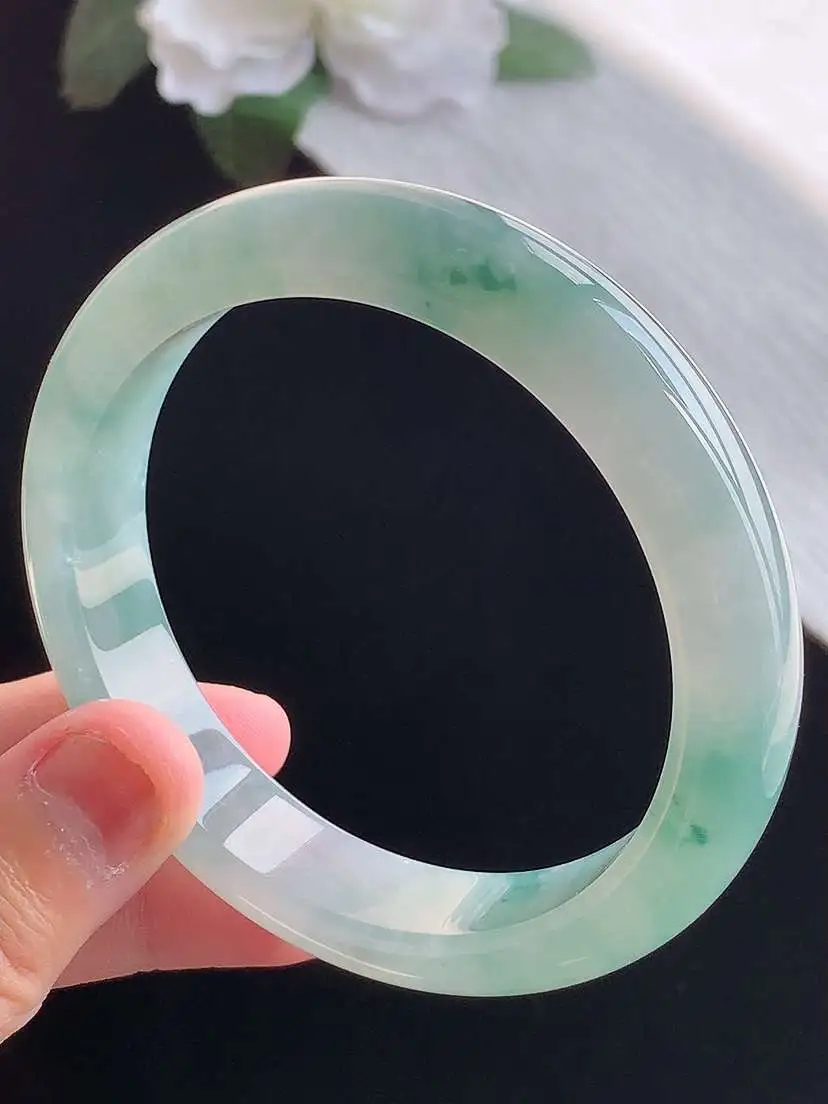 a货翡翠老坑冰种飘花正装正圈手镯57-58圈口  尺寸57.8×12×8mm 重量58.56g 1014