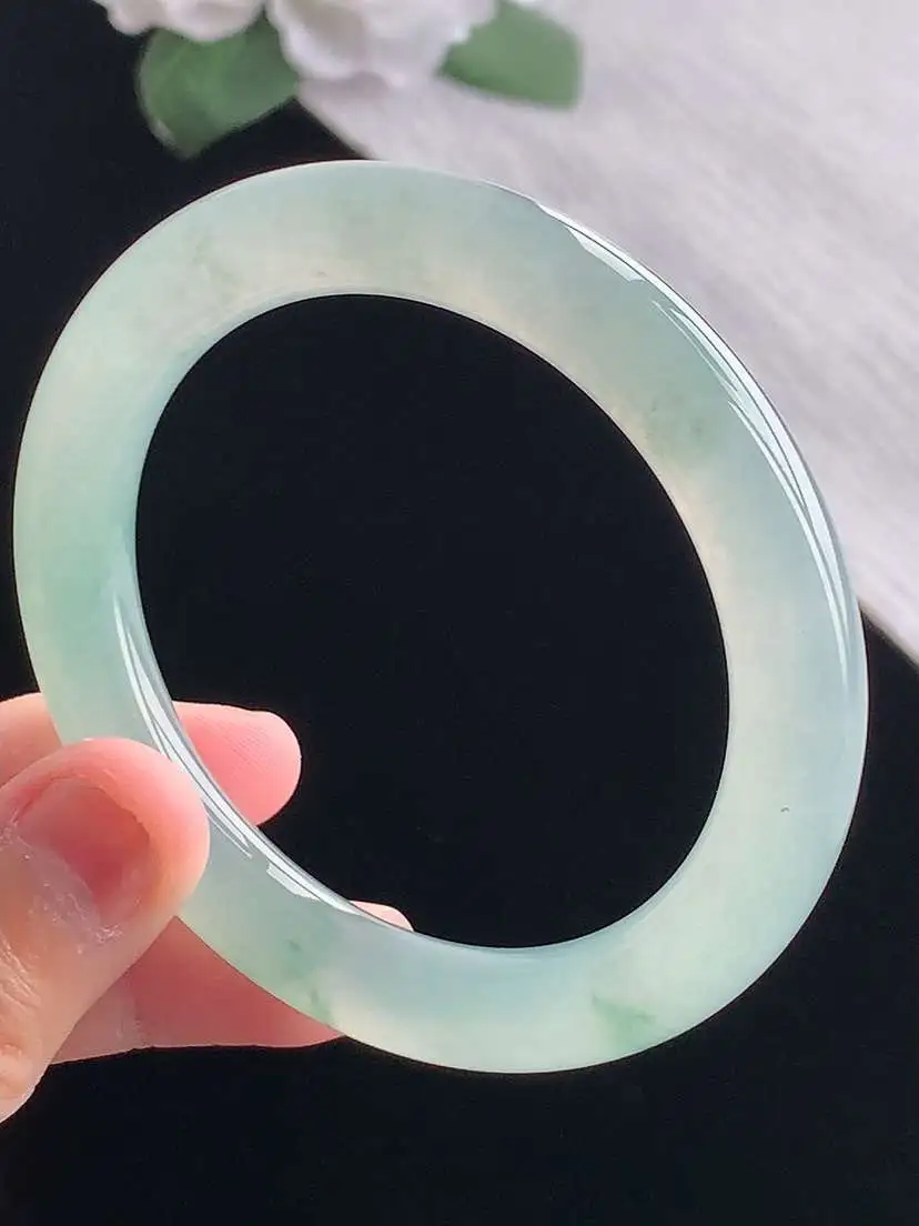 a货翡翠老坑冰种晴水飘花圆条手镯53-54圈口  尺寸53.2×9.2mm 重量46.43g 1014 A56