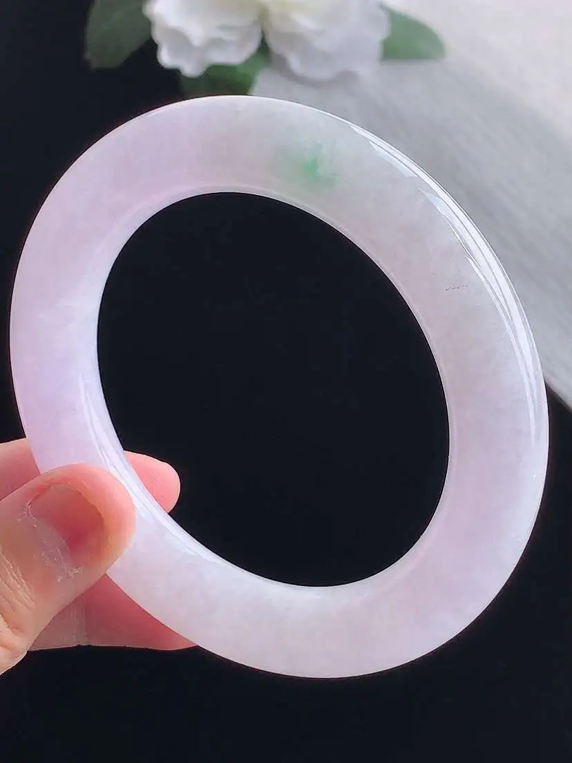 a货翡翠老坑冰种春带彩紫罗兰飘绿胖圆条手镯58-59圈口  尺寸58×12mm 重量87.36g 1