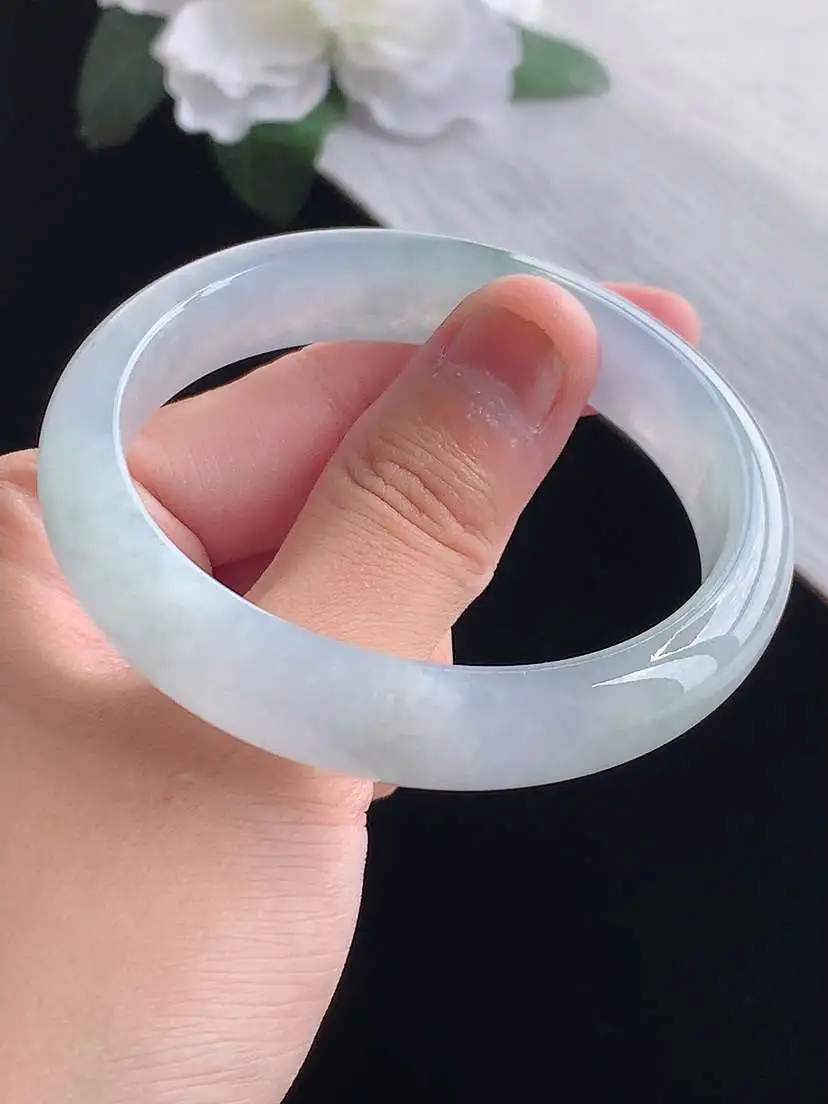 a货翡翠老坑冰种飘花贵妃手镯54-55圈口  尺寸54.2×49×12.2×7.3mm 重量45.40g 1014