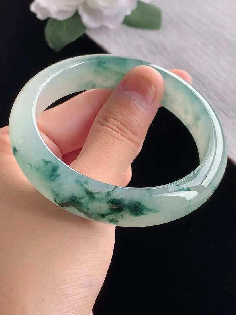 a货翡翠老坑冰种飘花正装正圈手镯57-58圈口  尺寸57.5×14.2×7.8mm 重量61.20g 1014