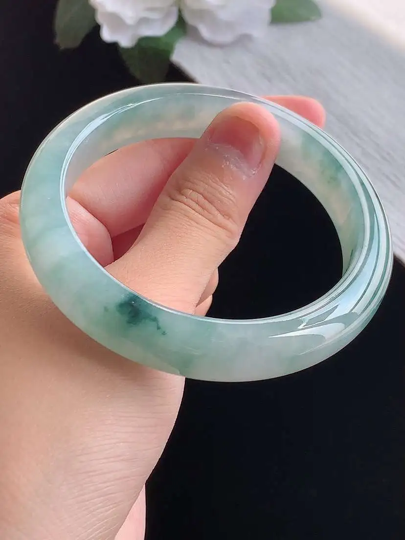 a货翡翠老坑冰种飘花正装正圈手镯57-58圈口  尺寸57.8×12×8mm 重量58.56g 1014