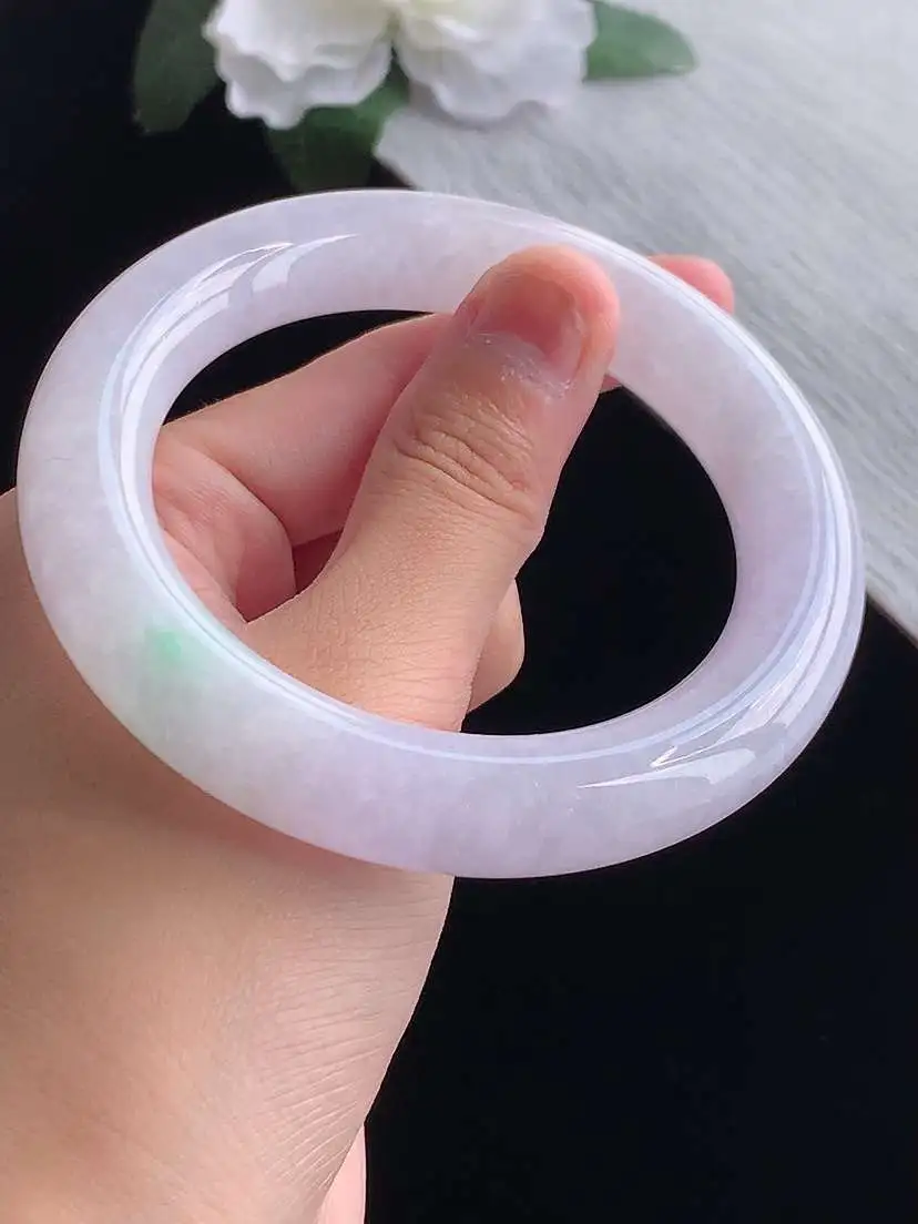 a货翡翠老坑冰种春带彩紫罗兰飘绿胖圆条手镯58-59圈口  尺寸58×12mm 重量87.36g 1014