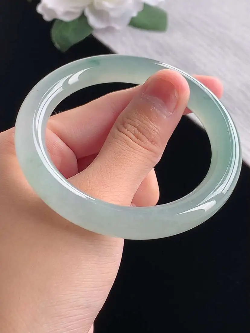 a货翡翠老坑冰种晴水飘花圆条手镯53-54圈口  尺寸53.2×9.2mm 重量46.43g 1014 A56
