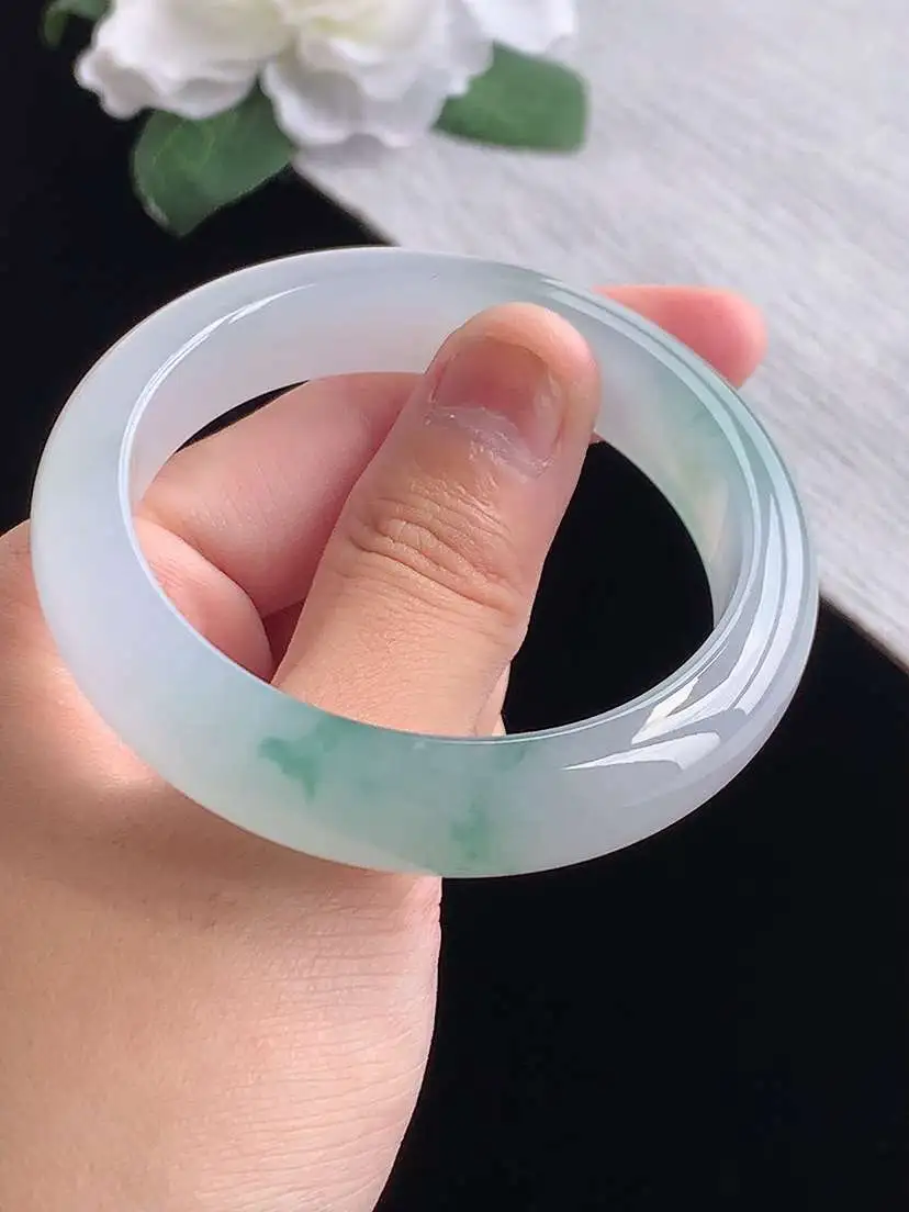 a货翡翠老坑冰种飘花正装正圈手镯51-52小圈口  尺寸51×12×7.5mm 重量48.83g 1014 A89