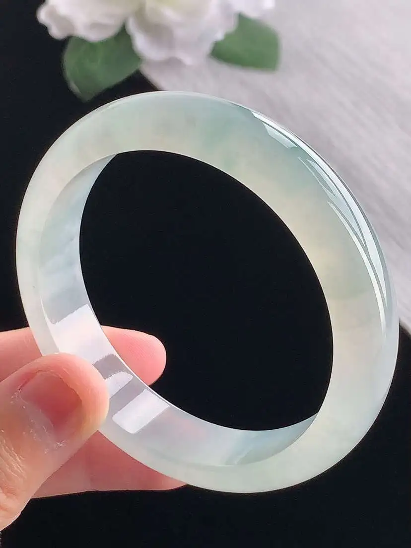 a货翡翠老坑冰种飘花正装正圈手镯54-55圈口  尺寸54.5×13×7mm 重量51.35g 10