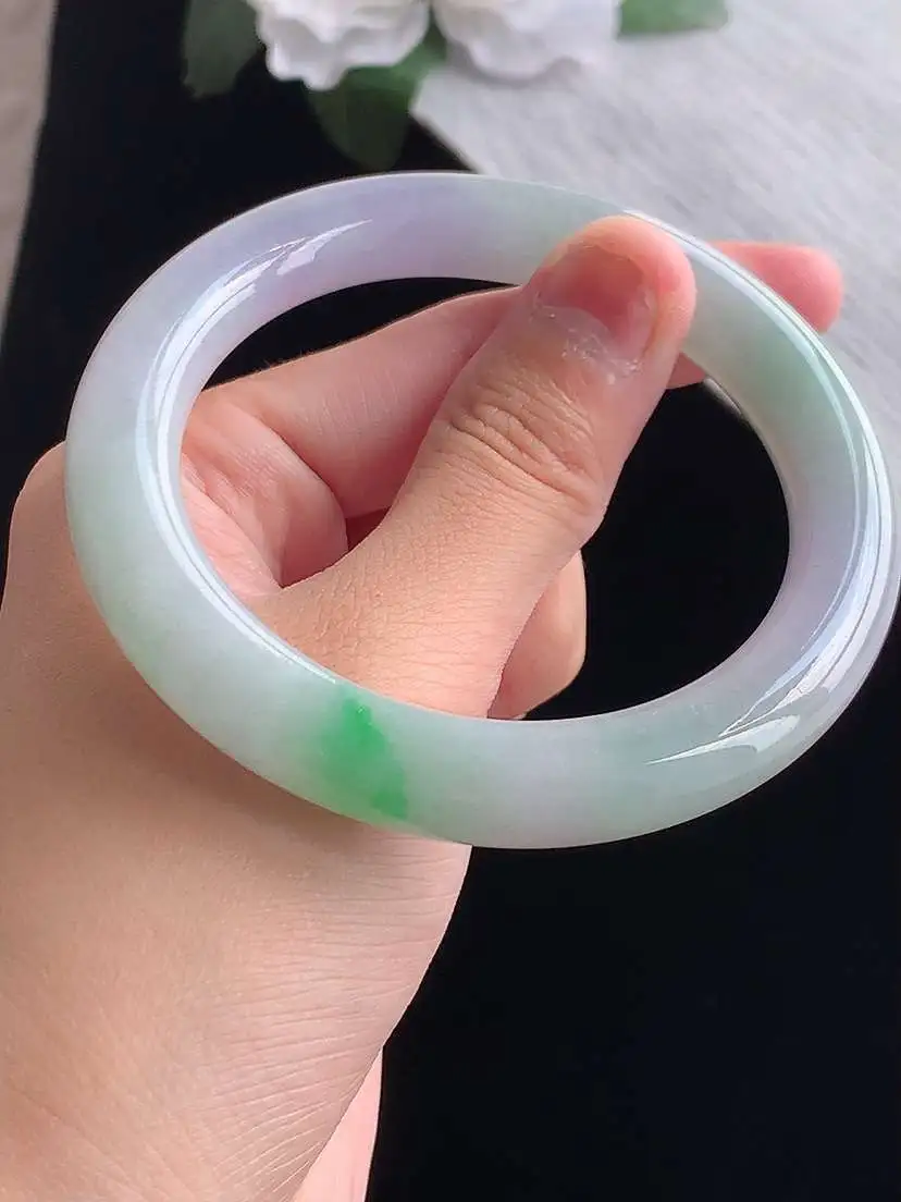 a货翡翠老坑冰种春带彩紫罗兰飘绿圆条手镯57-58圈口  尺寸57×10.3mm 重量58.66g 1014